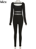 Kliou Sheath Concise Jumpsuit Women Herfst Unique Truncated Mesh See Through One Pieces Slim Simple Casual Female
