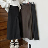 Vintage Pleated High Waist Skirt Women Autumn College Style Suit A-Line Skirt Woman Back Zipper Mid Length Skirts Female-Outfit