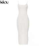 Kliou strap backless sexy bodycon midi long dress new women high waist cotton striped dresses elegant fashion party
