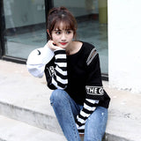 Japan Hip Hop T-Shirts Female Funny Casual Long Sleeve Strip Harajuku TShirt Streetwear Women Fake Two Piece T shirt