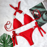 Woherb New Swimsuit Sexy Crystal Diamond Solid Color Strap Bikini Beach Vacation Swimsuit