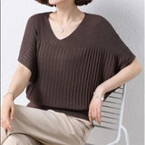 Fashion Ladies Casual Bat Sleeve Ice Silk Knitted T-shirt Oversized V-neck Loose Pullover Top Women Elegant Simple Tees-Outfit