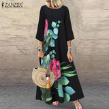 Autumn O Neck 3/4 Sleeve Floral Maxi Dress Women Bohemian Printed Sundress Casual Holiday Beach Long Vestidos Kaftan