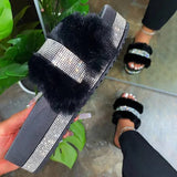 Designer Women Fur Rhinestone Slippers Platform Wedges Heel Solid Fluffy Furry Slides Outside Sexy Shoes Ladies