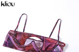 Kliou Mesh Printing Two Piece Set Women Sexy Cut Out Cleavage Camisole+Mid Waist Color Blocking Pants High Streetwear Lady
