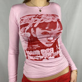 Gothic Print T-shirt Women Long Sleeve Slim Fit Crop Top Y2K Aesthetic Spring Autumn Sweats Tees Top Harajuku