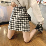 Women Plaid Skirts High Waist Vintage Woolen Skirt Korean Autumn Winter Gentle OL Slim All-match Mini-skirt Mori-girl Streetwear-Outfit