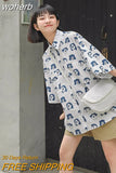 Japanese Printed Short Sleeved Shirt Summer Women's Shirts 2023 Kawaii Chiffon Blouse for Women White Shirt Women Tunic-Outfit