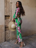 Printed Women's Backless Midi Dress Sexy Hollow Out V-neck Lantern Sleeved Slim Robe 2023 Summer Lady Chic Vestidos-Outfit