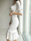 2 Piece Outfit Elegant Women Chic White Square Collar Short Crop Tops Shirt Blouse Mermaid Midi Skirt Slim Femme Mujer Sets-Outfit