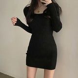 2023 Fall Winter Skinny Knitted Dress Women Black Sexy Bodycon Mini Dresses Female Elegant Slim Long Sleeve Sweater Dress-Outfit