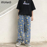 Women Harajuku Loose Vintage Sunflower Printed Denim Blue Womens Casual Streetwear Boyfriend Straight Trousers Unisex New-Outfit