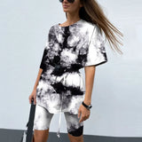 New Casual Tie Dye Women Two Piece Sets With Belt Home Loose Sports Tracksuits Fashion Leisure Bicycle Suit Summer