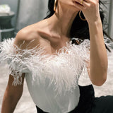 Women Sexy Feather Corset Crop Top Push Up Bustier Boned Top Spaghetti Strap Slim Bodycon Cami Top Party