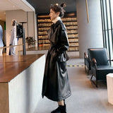 Brand New Women's Long PU Leather Trench Coat with Belt Lady Windbreaker Waterpoof Female Outerwear Spring Autumn