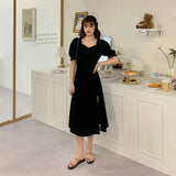 Women Black Retro Elegant Friends Side Slit Temperament Minimalist Shirring Summer Clothing 2021 Daily Chic Simple