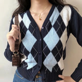 Black Argyle Women Cardigan Sweater Fashion Button V Neck Long Sleeve Knitted Plaid Sweater Street Wear Female Thin