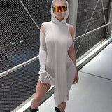 Kliou Knitted Dress Women Sexy See Through X-Long Hoody Tops+One Shoulder Drawstring Ruched Robe Skirt Hipster Future