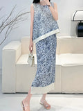 Folded New Middle-Chai Porcelain Printing Wrinkles Daily Commute Flower Vest Dress Suit