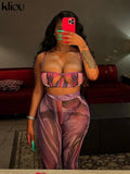 Kliou Mesh Printing Two Piece Set Women Sexy Cut Out Cleavage Camisole+Mid Waist Color Blocking Pants High Streetwear Lady