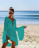 Out Knitted Cover Up Women Spring Summer Beach Sexy Loose Cover-up Solid Color Long Sleeve Fashion Casual Mini Dress-Outfit