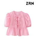 ZRN-Women's Lace Up Cropped Blouses, Puff Sleeves, O Neck, Female Shirts, Chic Tops, Fashion-Outfit