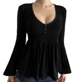 Lust Wind Base Solid Color V-Neck Lace Lace Bottom Long-Sleeved Girl Feel Perfect Waist