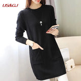 Sping Winter Women Black Sweaters Casual Solid O-Neck Long Sleeve Knit Sweaters Loose Pockets Mid Length Pullover Female