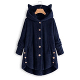 Plush Hoodies Sweatshirt Harajuku Irregular Hem Fluffy Woman Fleece Coat Kawaii Cat Ear Buttons Solid Female Teddy