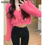 Winter Fur Knitted Cardigan Women Pure Color Button Long Sleeve Y2k Crop Tops Office Lady Chic Korean Fashion Sweater Coats-Outfit