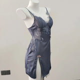 Lace Open-Forked Bow Pajamas 2025 New Sexy Thin Sling Ice Ribbon Women's Sleeping Skirt With Chest