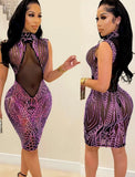 Sexy Sequins See Through Sleevelss Midi Neck Bodycon Club