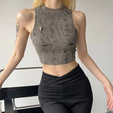 Woherb Summer New Women's Fashion Trend Round Collar Sleeveless Waist Crop Hollow Out Small Vest-Outfit