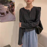 Sleeve T-shirts Women Elegant Simple Pure Button Design Retro Ins Autumn Ladies Tees Top All-match BF Style Mujer