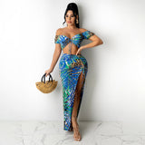 Piece Fashion Sexy Lace Up Print Top Drawstring Skirt