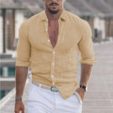 New Men's Summer Cotton-Blind Beach Shirt Long Sleeves Solid Hawaiian Holiday