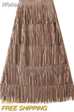 Women Tassel Splicing Pleated Skirt Elegant Elastic Waist All Match A-line Long Skirt For Spring Summer QT2140-Outfit