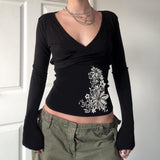 V-Neck Temperament Retro Print T-Shirt 2025 Autumn New Slim Long-Sleeved