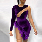hirigin Sexy Sheer Mesh Patchwork Velvet Mini Dress Women One Long Shoulder Feather Night Club Short Bodycon Vestidos