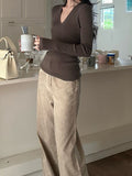 Tea Color V-Neck Knitted Shirt Slimy Temperament Fashion Thin Inside The Bottom Shirt Tight Cashmere Sweater