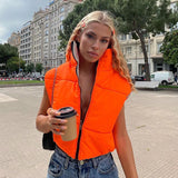 hirigin Fashion Autumn Stand Collar Cotton Vests Women Elegant Solid Simple Zipper Coats Women Casual High Waisted Vests