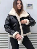 Winter Jacket Women Short Faux Leather Coat Shearling Sheepskin Retro Motorcycle Parkas Fleece Female Snow