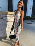 Sexy Printed U Neck Halter Backless Bodycon Long