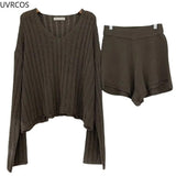 2 Piece Sets Women Outfits Long Sleeve Pullover Women 's Tops High Waist Casual Shorts Elegant Lady Office Suit Knit New-Outfit