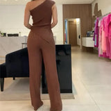 Woherb 2024 New Solid Color Diagonal Collar Stripe Elastic Slim Knit Sweater Pants Suit Women-Outfit