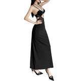 Woherb 2024 New Women's Sexy Hot Girl With Mesh Hollow Slim Dress Dress-Outfit