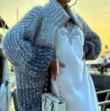 Long Sleeve Loose Knit Cardigan Gradient Hippocampus Hair Bead Hooded Sweater Ins-Outfit