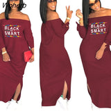 Sexy Slash Neck Ladies Solid Color Letter Printing Long Dress Home Casual Street Loose Large Size Dress-Outfit