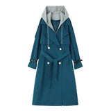 New Fashion Blue Color Women Trench Coat Double-Breasted with Removable Hood Spring Autumn Outerwear Lady Duster