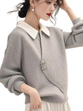 Gray Fake Two Knitted Sweater Women's Autumn And Winter Korean Atmosphere Relaxed Leisure Polo Collar